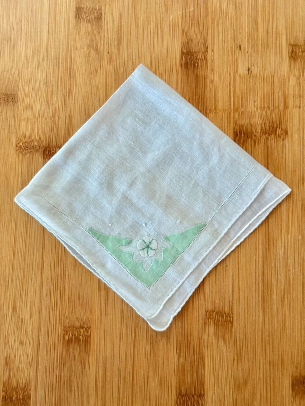 Vintage 1950s Cotton Handkerchief In White Cotton With Mint Green Floral Embroid